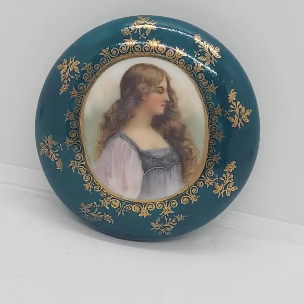 Vintage Portrait Lady Vanity Jar Blue Porcelain Trinket Dresser Box Gold Decor